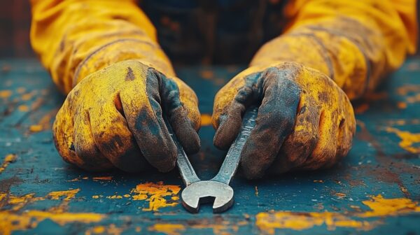 A worker's hands holding tool